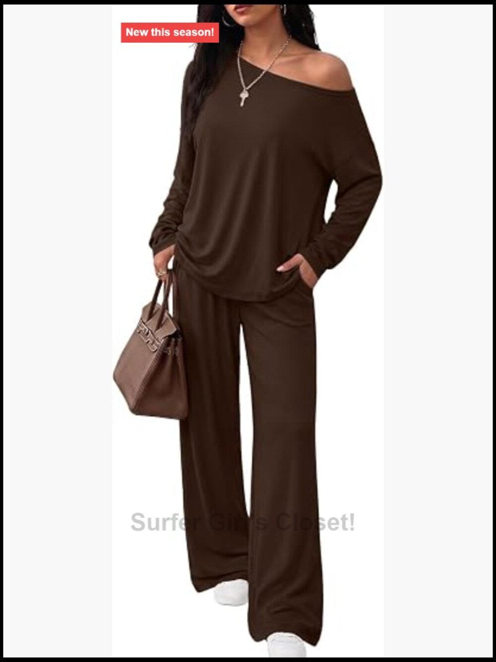2 Piece Lounge Set Off Shoulder Oversized Top Wide Leg Pants Casual